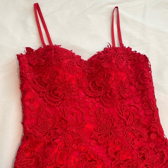 Vintage Red Satin Embroidered Lace Cocktail Dress - Picture 2 of 10